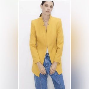 Zara Yellow Collared Long Overcoat Pockets